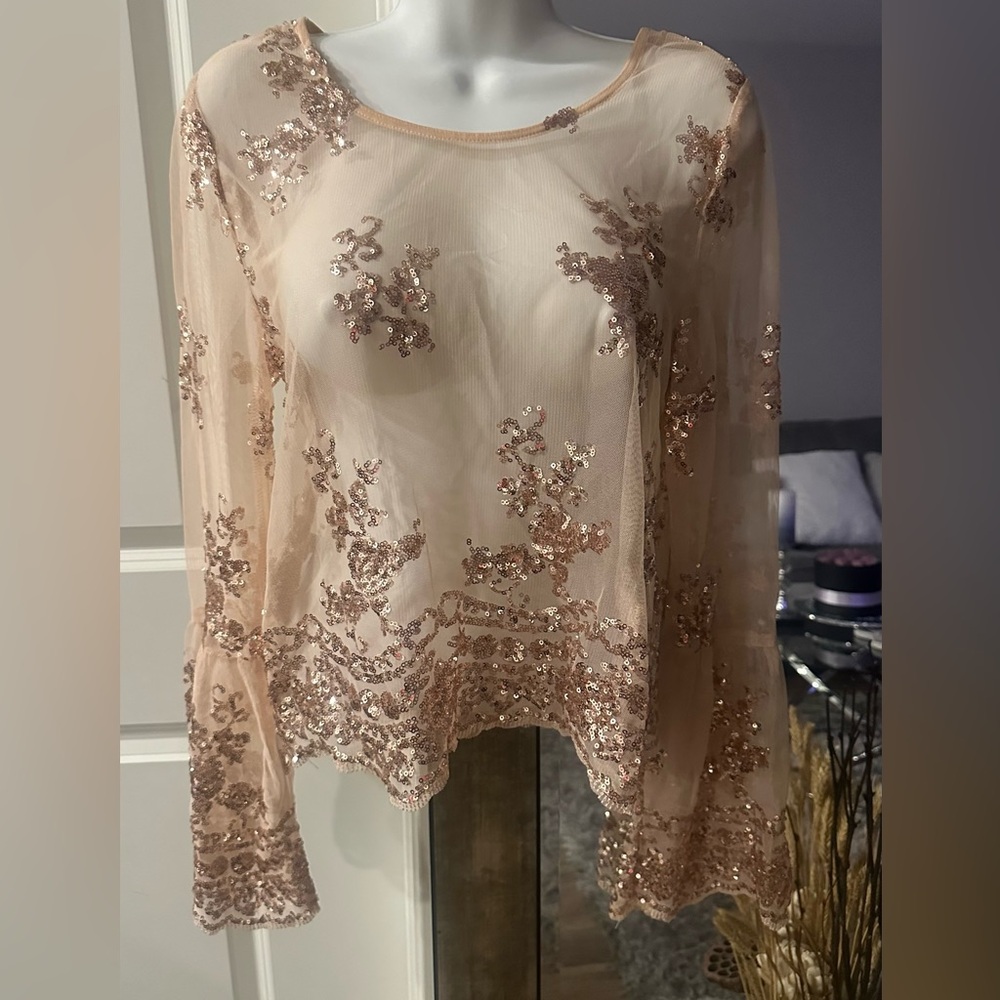Long sleeve mesh top with sequins